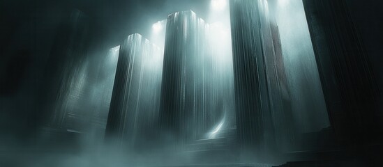 Ground-level cinematic shot of imposing data backup towers. Strong vertical composition and converging lines define scale, with a dark, moody palette and bright, abstract data stream accents.