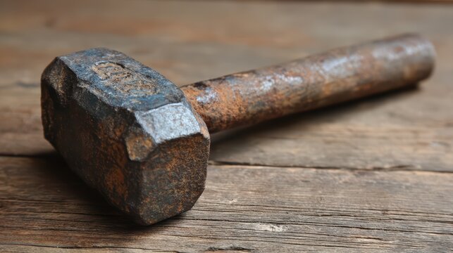 Closeup of a vintage hammer on weathered wooden table, ideal for industrial and DIY projects evoking a sense of craftsmanship and authenticity.