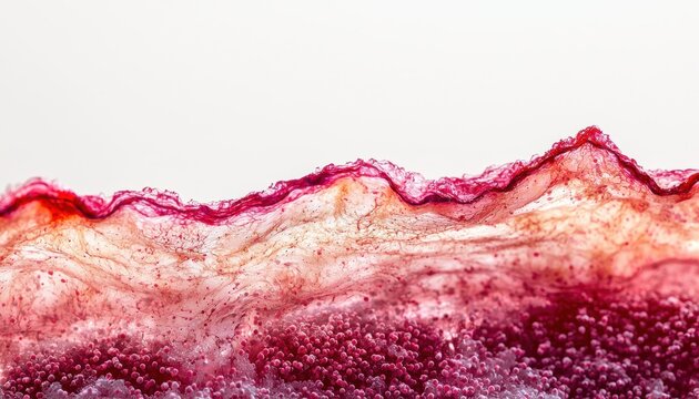 Macro shot of hand skin burn healing. Pink and red tones highlight cellular regeneration on a sterile white background. Professional medical lighting shows progress.