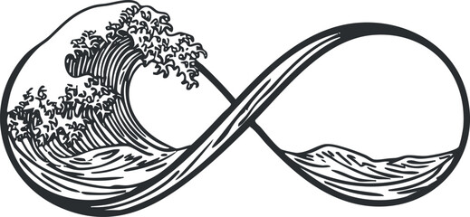 An artistic representation of waves forming an infinity symbol showcasing the beauty of nature. Black on transparent background.