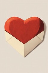 A minimalist heart-shaped envelope subtly cradles a red heart. Clean lines,, and gentle shadows define this flat style valentine design, presented in a limited red and white palette.