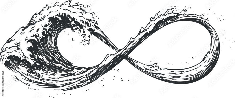 Poster a stylized infinity symbol created using the flowing design of ocean waves. black on transparent bac