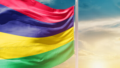 Mauritius national flag waving in an amazing sunlight. National flag waving on mast.