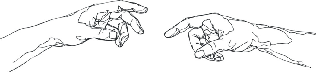 Two artistic hands illustrated in a minimalist line drawing style showcasing human connection and expression. Black on transparent background.
