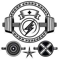 Vintage style emblem of barbell and weight plates, with a circular design and a ribbon banner.