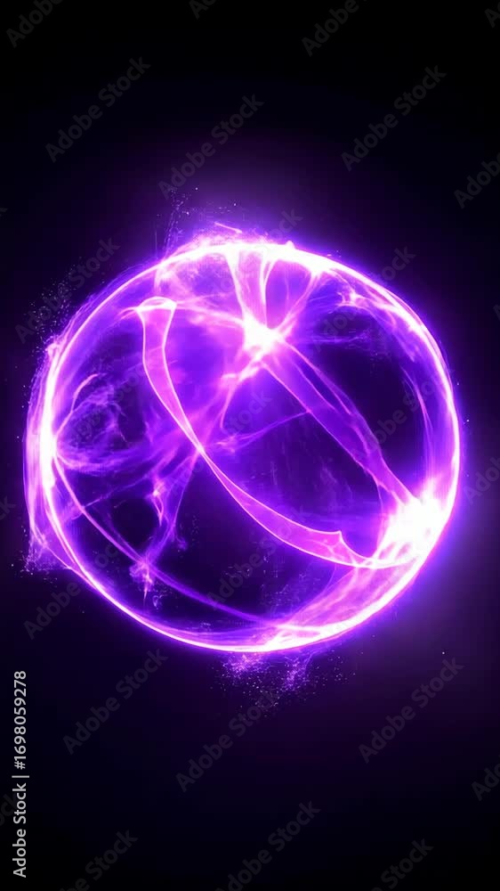 Poster abstract glowing orb with purple light trails floating on dark background