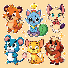 Six adorable cartoon animals: fox, cat, mouse, lion, and more.