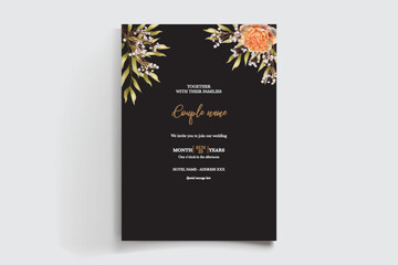 WEDDING INVITATION FRAME WITH FLOWER DECORATIONS AND FRESH LEAVES