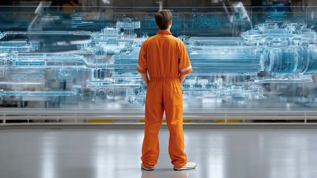 Future Forward: A lone engineer in a vibrant orange jumpsuit stands confidently, gazing upon a breathtaking.