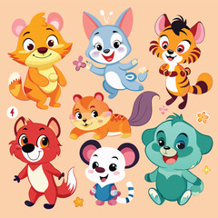 A vibrant illustration featuring a collection of seven adorable and colorful cartoon animals, each with unique features and expressions, set against a soft peach background.