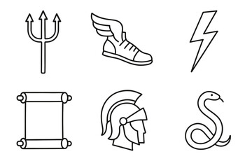 Greek mythology symbols: trident, winged shoe, lightning bolt, scroll, helmet, snake