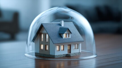 Stunning Miniature House Under Glass Dome Modern Home Protection Concept, Ideal for Advertising and Marketing Materials, Emphasizes Security and Innovation, Encourages a Sense of.