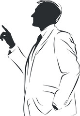 A silhouette of a businessman in a suit gesturing thoughtfully, symbolizing leadership and inspiration. Black on transparent background.