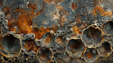 Ultra-close macro reveals a highly detailed graphene surface with hexagonal carbon lattice patterns. Intense metallic sheen on corroded textures, akin to electron microscope detail.