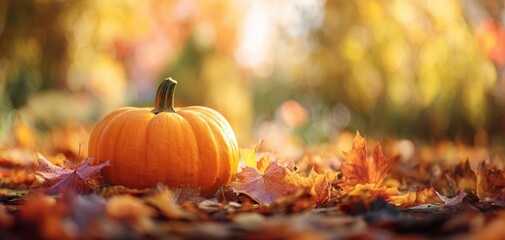 The Pumpkin Resting on a Bed of Autumn Leaves in Warm Golden Light