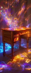 Vibrant holographic color mixing erupts from a handcrafted wooden desk. An ethereal, backlit composition suggests traditional artistry igniting with dynamic light.