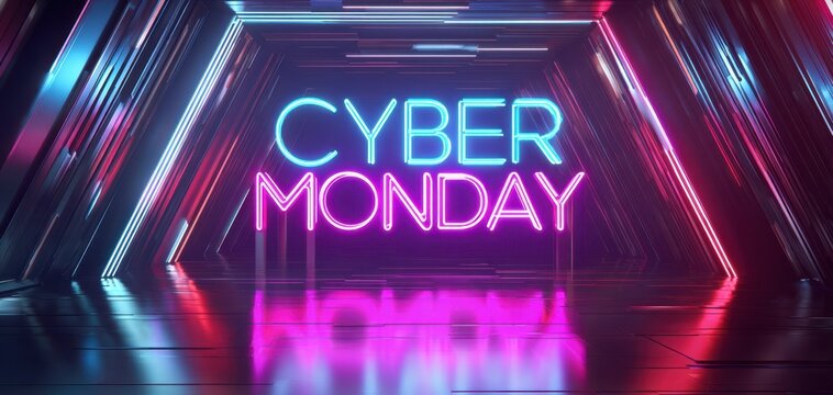 The Cyber Monday neon sign glowing in a futuristic reflective tunnel environment