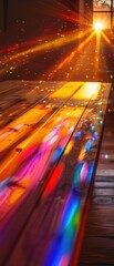 Ethereal backlit scene. Holographic color mixing unfolds on a handcrafted wooden desk with dovetail joints, inspiring traditional painting with vibrant light.
