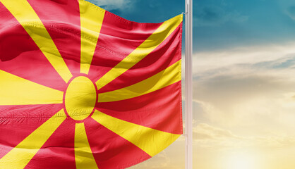 North Macedonia national flag waving in an amazing sunlight. National flag waving on mast.
