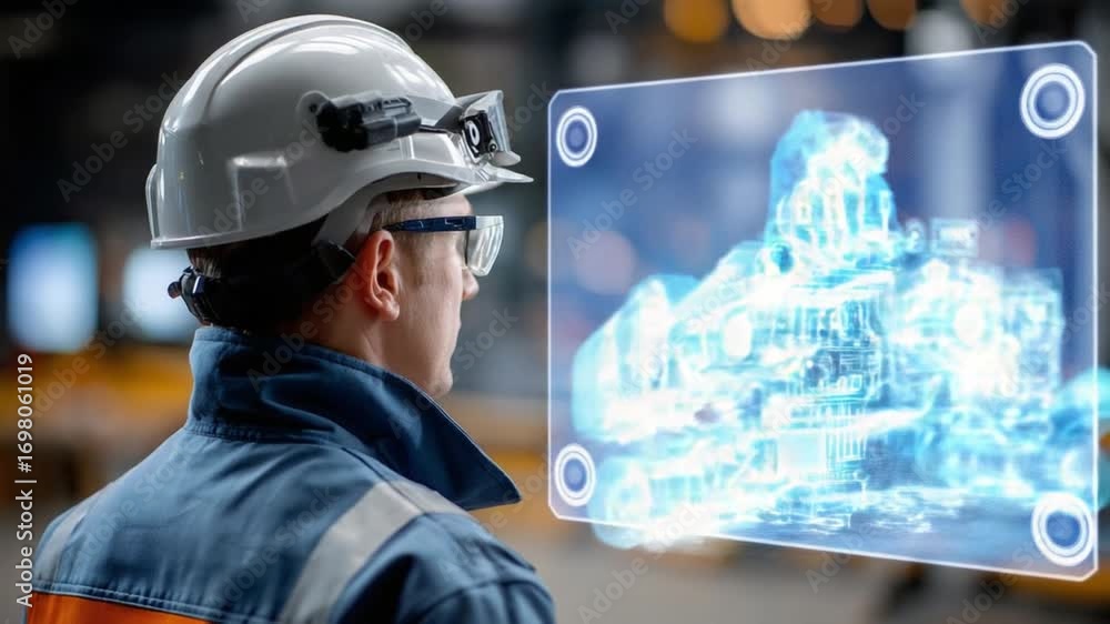 Poster future factory: a worker uses cutting-edge augmented reality technology to visualize factory bluepri