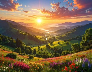 A breathtaking vista of rolling hills, vibrant wildflowers, and a winding river at sunrise, bathed in a warm, golden light.