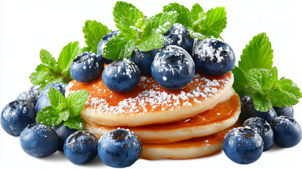 Mini pancakes stack with blueberries and powdered sugar, isolated on white background, detailed close-up