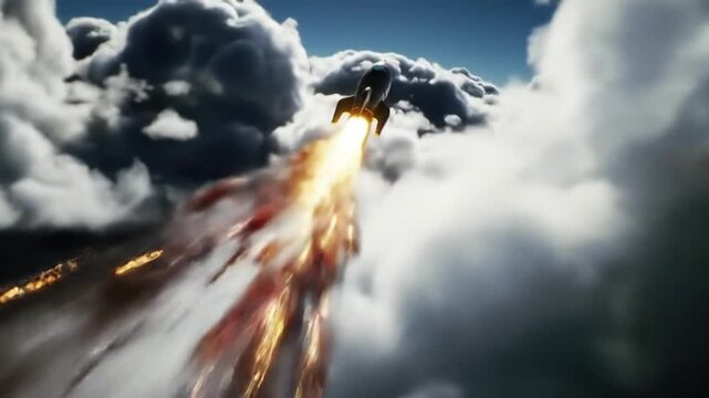 Dramatic upward shot of a rocket ship soaring powerfully through a vibrant cloudscape.