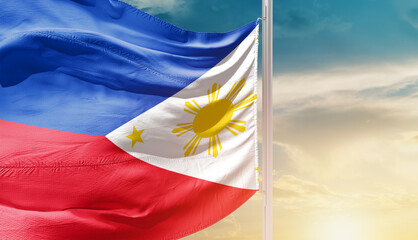 Philippines national flag waving in an amazing sunlight. National flag waving on mast.