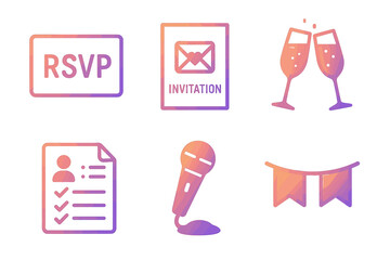 Celebration icons: rsvp, invitation, champagne, guest list, microphone, banners