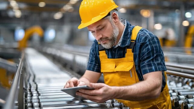 Quality Control in Industry: A skilled construction worker meticulously reviews technical schematics on a digital tablet amidst the machinery of an industrial setting.