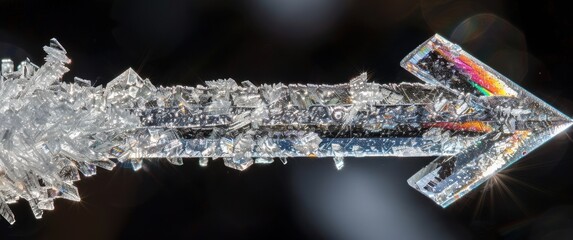 Extreme close-up of a high-contrast ice crystal arrow with rainbow refractions on its translucent frozen surface. Dark blurred background with studio lighting.