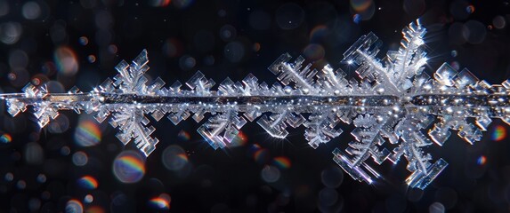 a translucent ice crystal arrow. Its frozen surface shimmers with rainbow refractions against a dark blurred background. High contrast studio lighting highlights intricate detail.