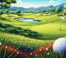 A vibrant illustration of a golfer mid-swing on a picturesque golf course at sunset.