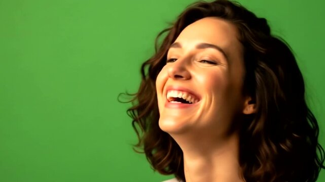 A woman with curly hair laughs happily against a solid green background.