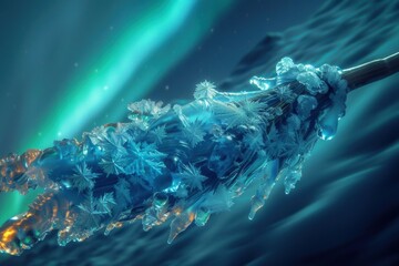 Magical ice broom, exquisitely sculpted with frozen fractals and glowing warm accents. Vibrant northern lights paint the arctic sky, creating an enchanting wide-angle scene.
