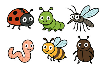Cartoon insects: ladybug, caterpillar, mosquito, worm, bee, beetle illustrations