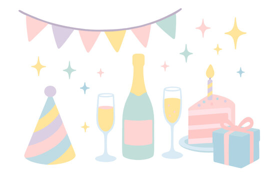Festive celebration with cake, drinks, and gifts in pastel colors