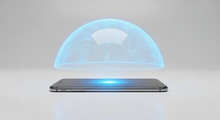 Smartphone with a glowing blue holographic dome representing digital security and data protection.