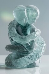 an ice serpent embraces two crystalline human figures. The sculpture shimmers with detailed scales and reflections, set against a northern lights that infuses the cool ice with subtle warm hues.
