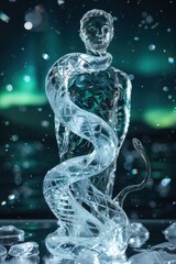 Crystalline ice sculpture shows a serpent frozen mid-wrap around a human, radiant under the northern lights. Icy reflections shimmer with a subtle, warm glow.