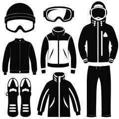 Illustration of winter sports clothing and equipment in black and white.
