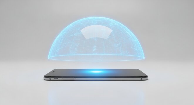 Smartphone with a glowing blue holographic dome representing digital security and data protection. - Powered by Adobe