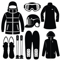 Winter sports equipment icons: ski suit, goggles, helmet, skis, poles, snowboard.