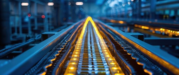 Symmetrical aerial view of a precise industrial cable tray system. Architectural lighting and glowing paths prevent disorder and clutter.