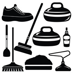 A collection of black silhouette icons representing various pieces of equipment used in the winter sport of curling.