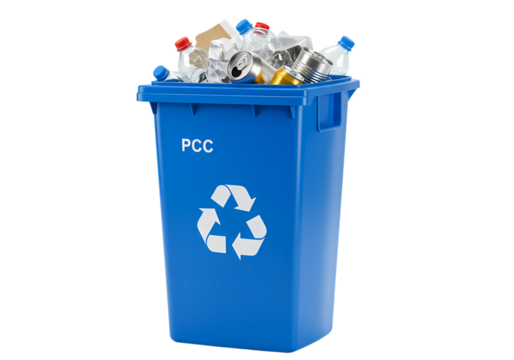 Blue Recycling Bin Overflowing with Waste A Visual Representation of Recycling and Waste Management isolated on transparent background