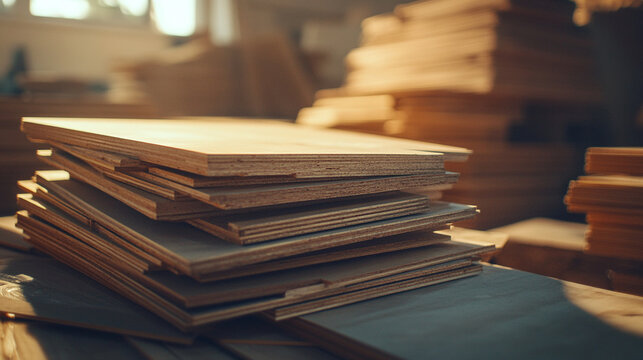 Plywood stack showing the layers of wood with warm, filtered light.