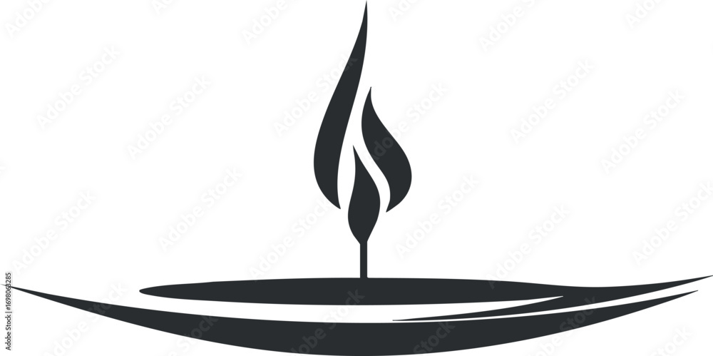 Poster a minimalist abstract flame design symbolizing light and warmth in a serene setting. black on transp