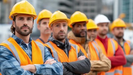 Construction Workers Team: A team of skilled construction workers stands united, embodying competence and teamwork, equipped with hardhats and safety vests, against the backdrop of a building site.