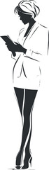 A silhouette of a confident businesswoman using a smartphone while dressed elegantly. Black on transparent background.